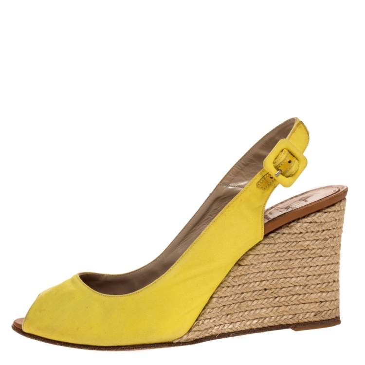 Pre Owned Christian Louboutin Yellow Canvas Puglia Espadrille Wedge Peep Toe Slingback Sandals Size 40