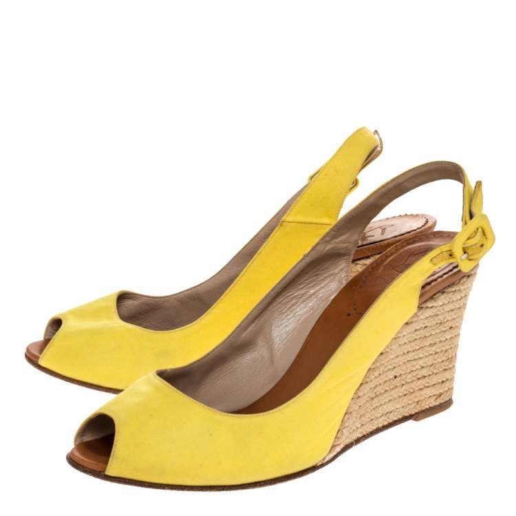 Pre Owned Christian Louboutin Yellow Canvas Puglia Espadrille Wedge Peep Toe Slingback Sandals Size 40