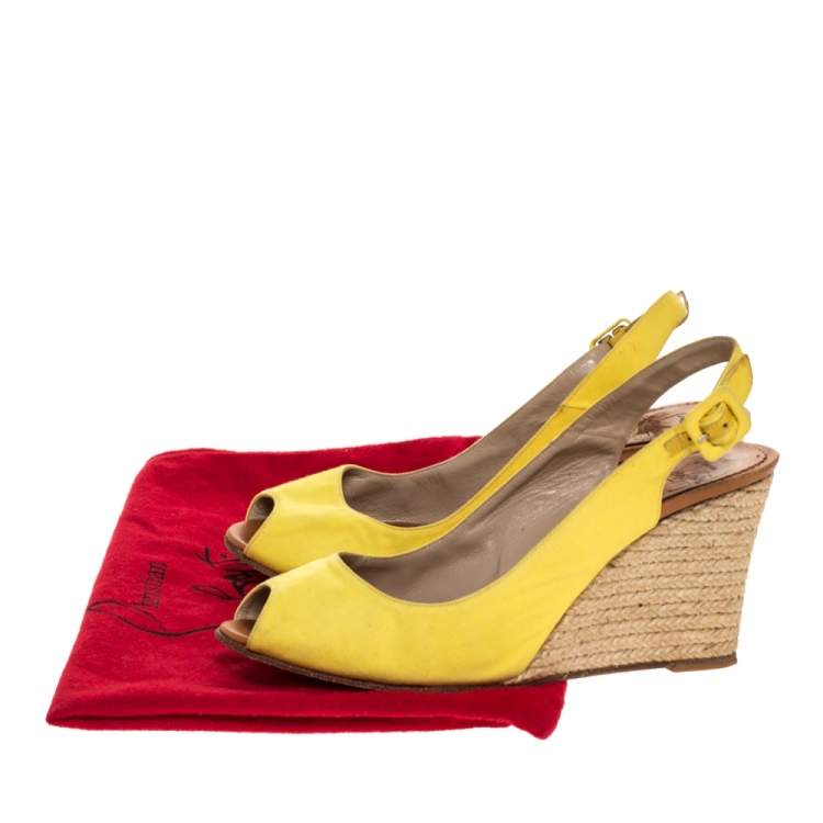 Pre Owned Christian Louboutin Yellow Canvas Puglia Espadrille Wedge Peep Toe Slingback Sandals Size 40