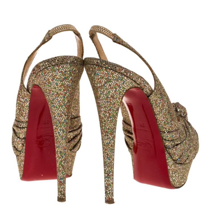 Pre Owned Christian Louboutin Multicolor Glitter Fabric Jenny Knotted Slingback Sandals Size 39