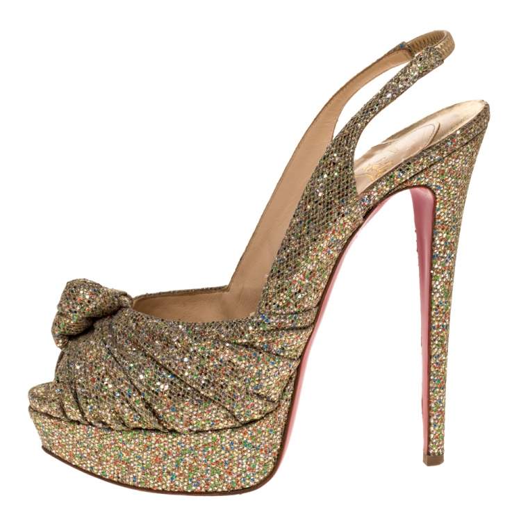 Pre Owned Christian Louboutin Multicolor Glitter Fabric Jenny Knotted Slingback Sandals Size 39