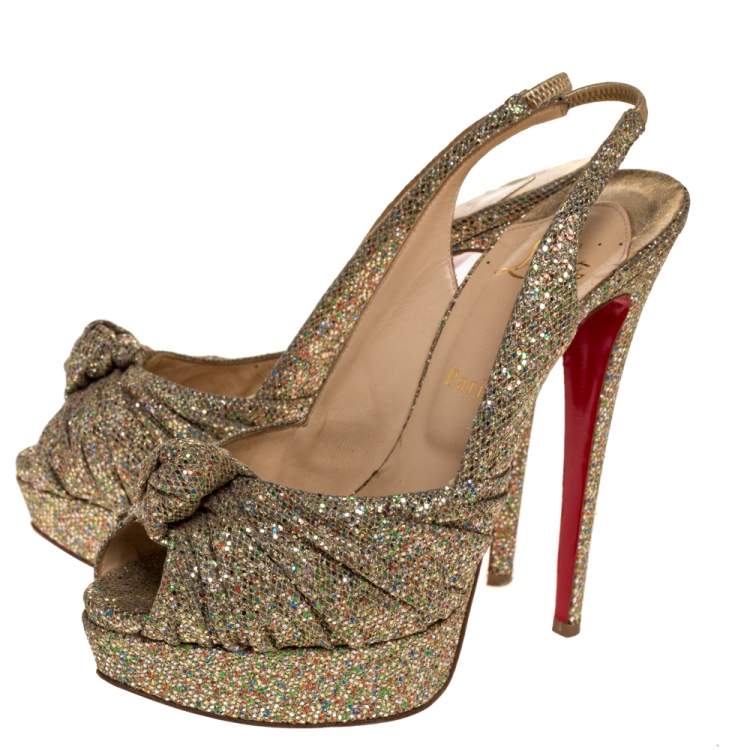 Pre Owned Christian Louboutin Multicolor Glitter Fabric Jenny Knotted Slingback Sandals Size 39