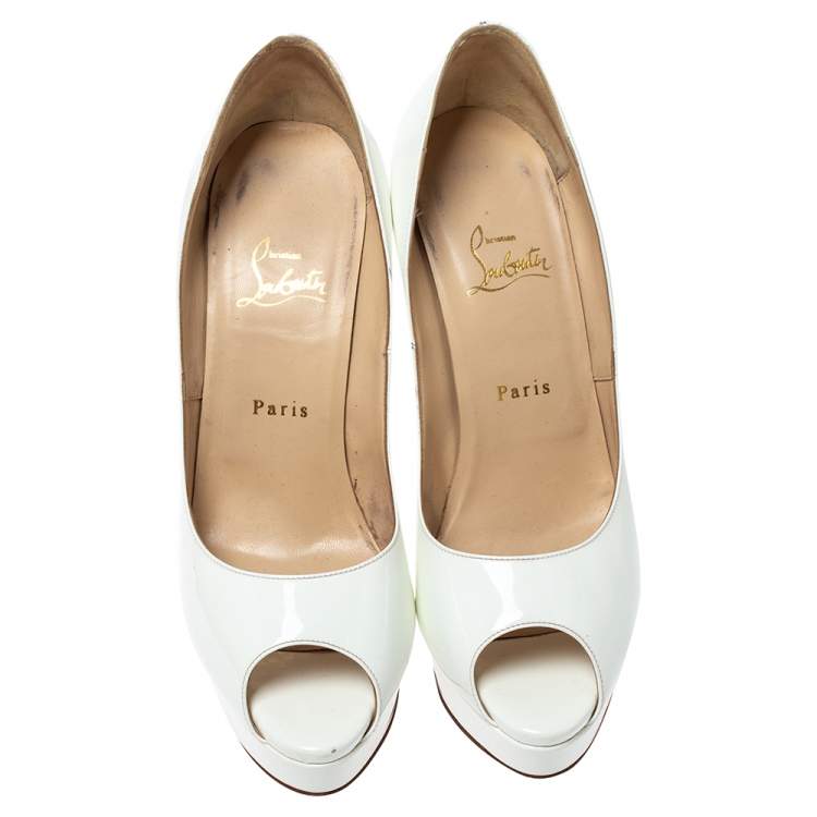 Pre Owned Christian Louboutin White Patent Leather New Prive Platform Peep Toe Pumps Size 40.5