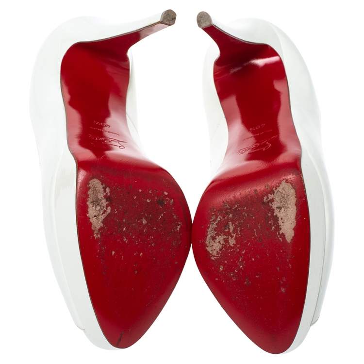 Pre Owned Christian Louboutin White Patent Leather New Prive Platform Peep Toe Pumps Size 40.5