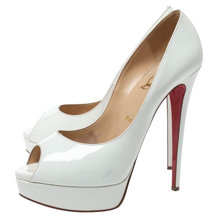 Pre Owned Christian Louboutin White Patent Leather New Prive Platform Peep Toe Pumps Size 40.5