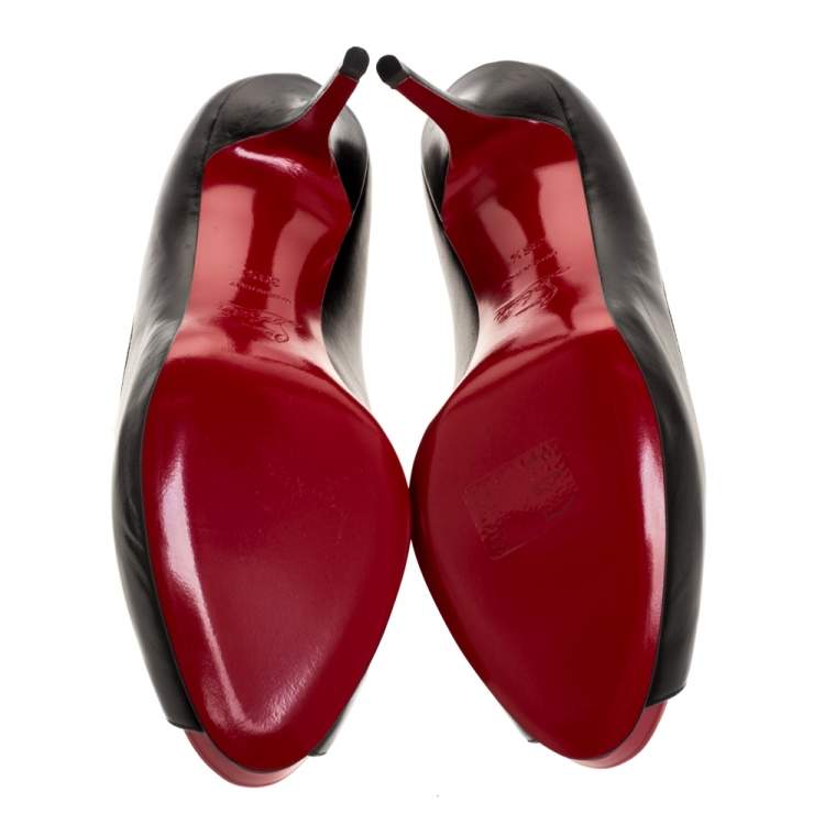 Pre Owned Christian Louboutin Black Leather Lady Peep Platform Pumps Size 39.5
