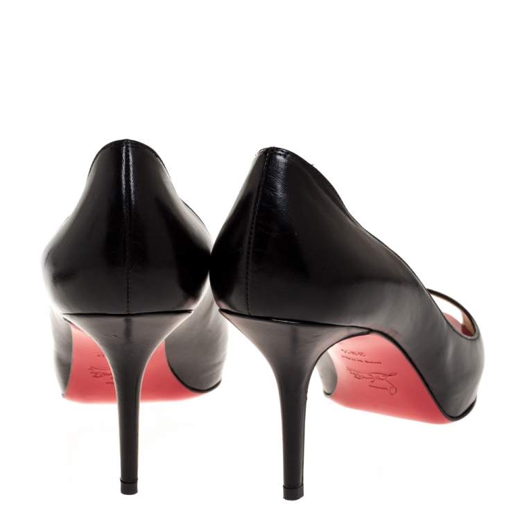 Pre Owned Christian Louboutin Black Leather Lady Peep Platform Pumps Size 39.5