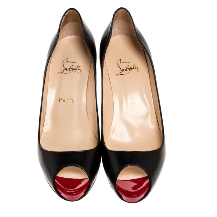 Pre Owned Christian Louboutin Black Leather Lady Peep Platform Pumps Size 39.5