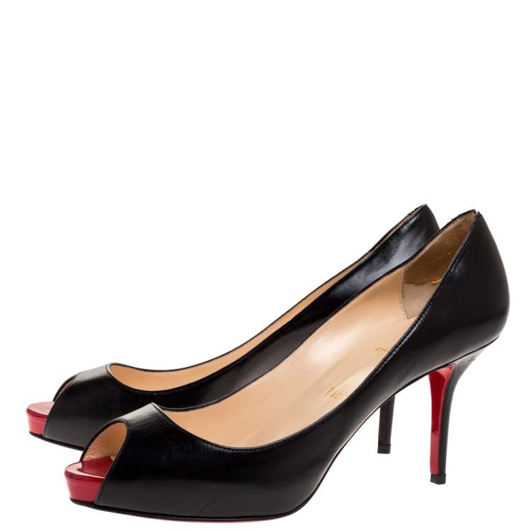 Pre Owned Christian Louboutin Black Leather Lady Peep Platform Pumps Size 39.5