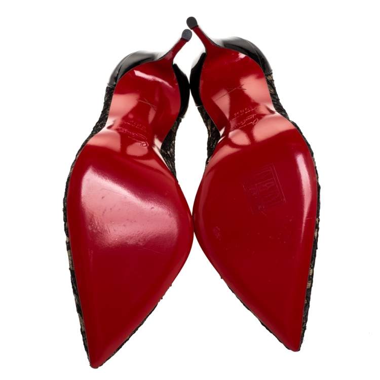 Pre Owned Christian Louboutin Black Patent Leather And Lace Follies Pumps Size 38.5