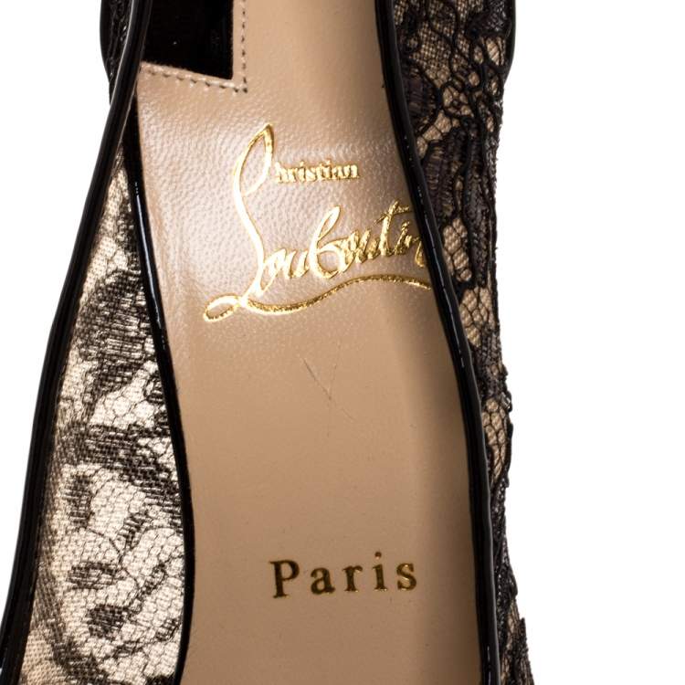 Pre Owned Christian Louboutin Black Patent Leather And Lace Follies Pumps Size 38.5
