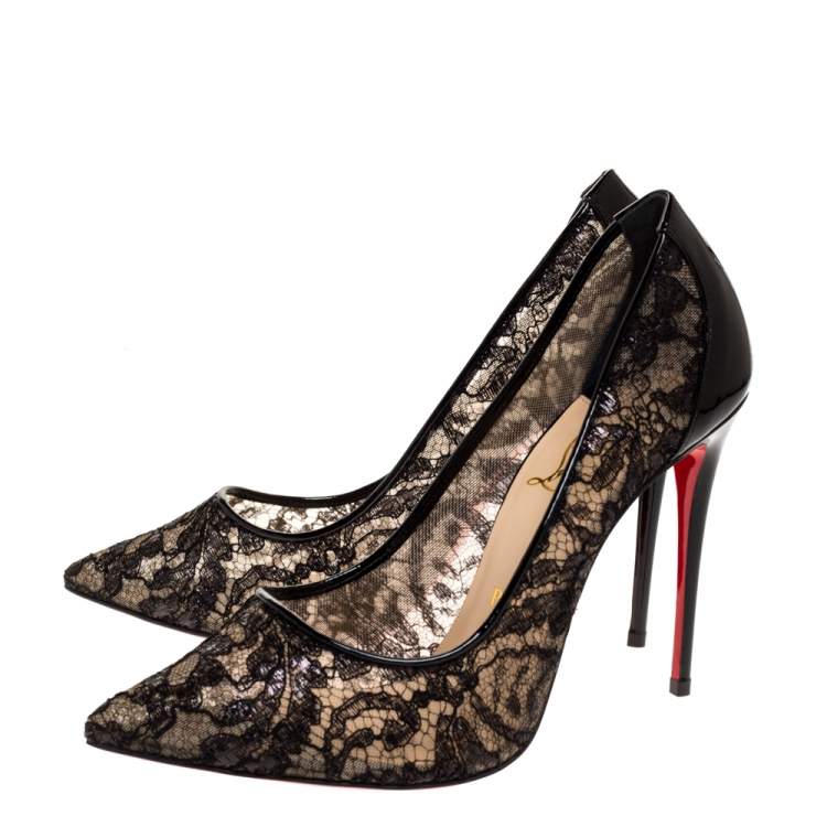 Pre Owned Christian Louboutin Black Patent Leather And Lace Follies Pumps Size 38.5