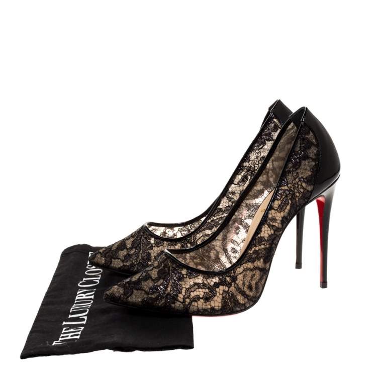 Pre Owned Christian Louboutin Black Patent Leather And Lace Follies Pumps Size 38.5