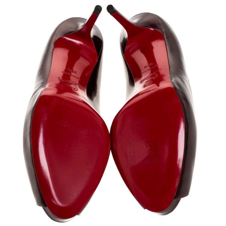 Pre Owned Christian Louboutin Dark Burgundy Patent Leather Prive Peep Toe Pumps Size 39.5
