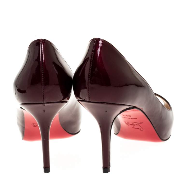 Pre Owned Christian Louboutin Dark Burgundy Patent Leather Prive Peep Toe Pumps Size 39.5