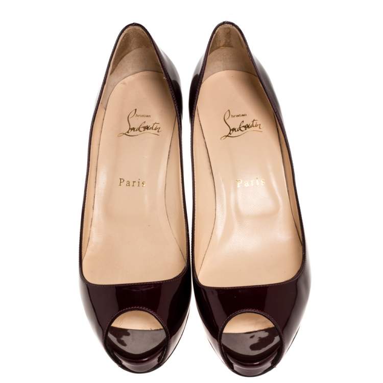Pre Owned Christian Louboutin Dark Burgundy Patent Leather Prive Peep Toe Pumps Size 39.5