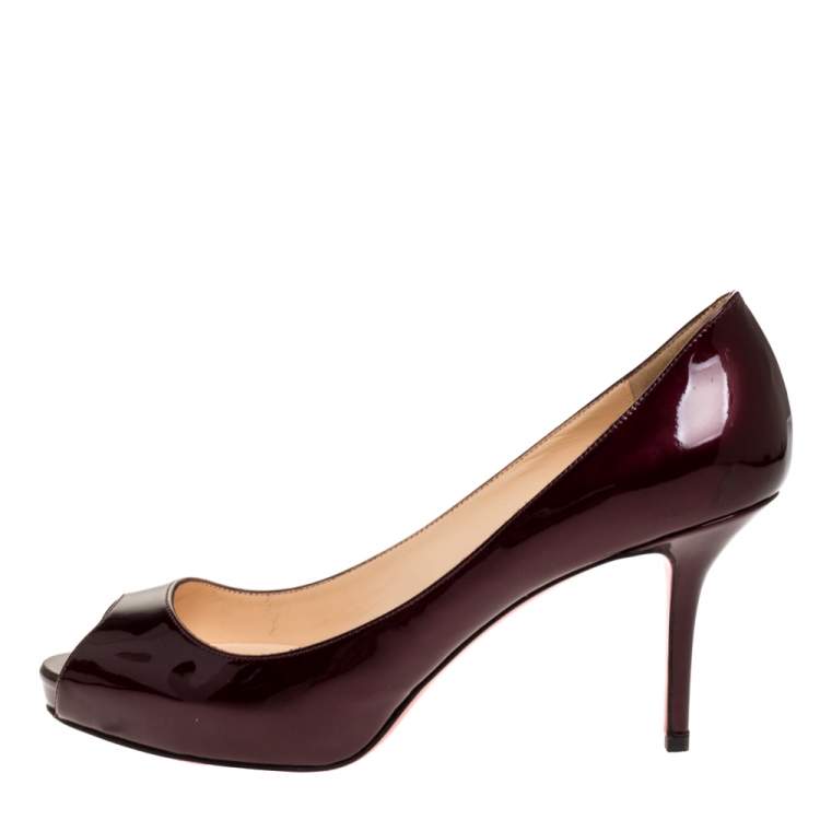 Pre Owned Christian Louboutin Dark Burgundy Patent Leather Prive Peep Toe Pumps Size 39.5