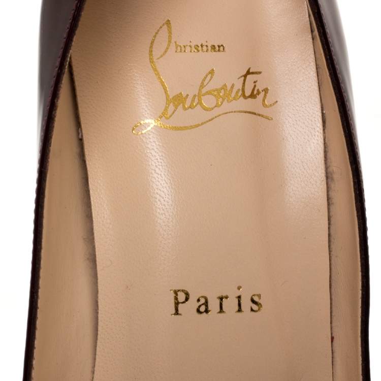 Pre Owned Christian Louboutin Dark Burgundy Patent Leather Prive Peep Toe Pumps Size 39.5