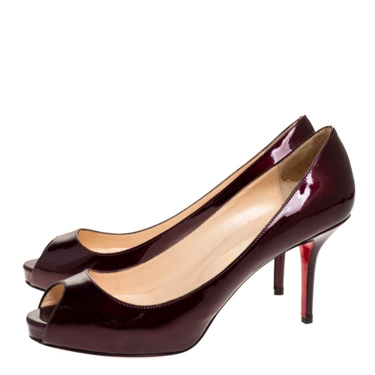 Pre Owned Christian Louboutin Dark Burgundy Patent Leather Prive Peep Toe Pumps Size 39.5