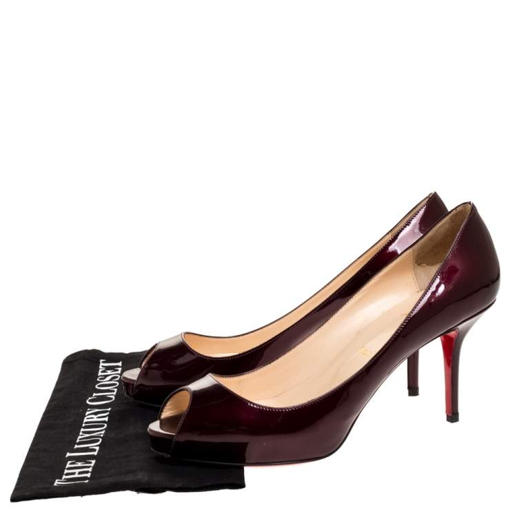 Pre Owned Christian Louboutin Dark Burgundy Patent Leather Prive Peep Toe Pumps Size 39.5