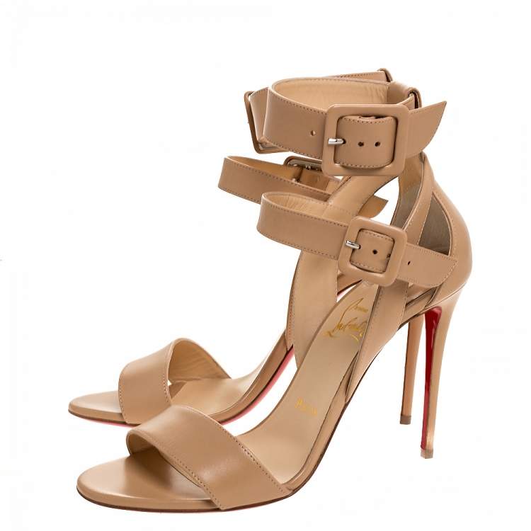 Pre Owned Christian Louboutin Beige Leather Multipot Ankle Strap Sandals Size 37.5