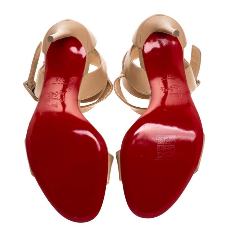 Pre Owned Christian Louboutin Beige Leather Multipot Ankle Strap Sandals Size 37.5