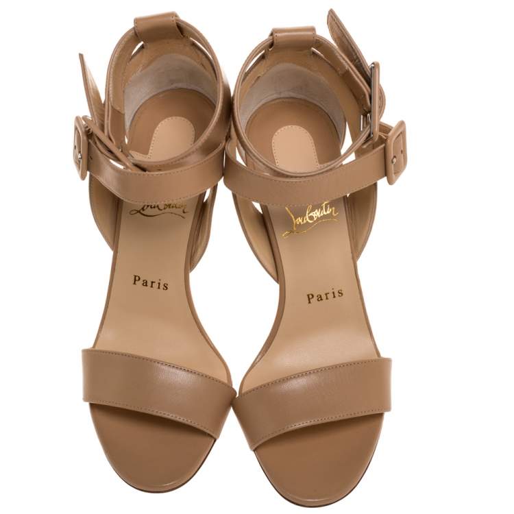 Pre Owned Christian Louboutin Beige Leather Multipot Ankle Strap Sandals Size 37.5