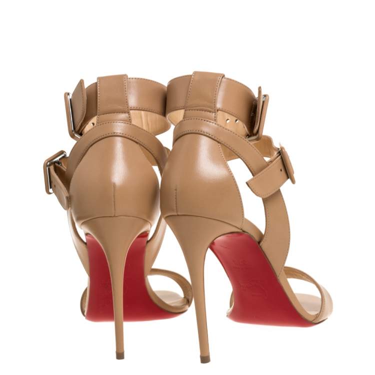 Pre Owned Christian Louboutin Beige Leather Multipot Ankle Strap Sandals Size 37.5