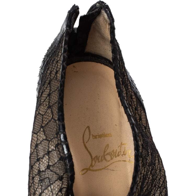 Pre Owned Christian Louboutin Black Mesh And Python Leather Janet Wedge Booties Size 36