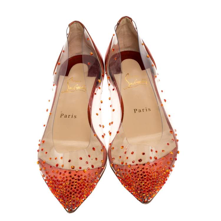 Pre Owned Christian Louboutin Metallic Orange Leather And PVC Degrastrass Pointed Toe Ballet Flats Size 38.5