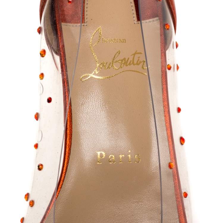 Pre Owned Christian Louboutin Metallic Orange Leather And PVC Degrastrass Pointed Toe Ballet Flats Size 38.5