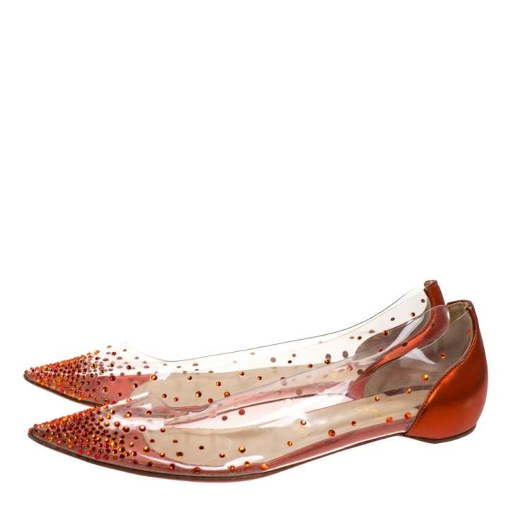 Pre Owned Christian Louboutin Metallic Orange Leather And PVC Degrastrass Pointed Toe Ballet Flats Size 38.5