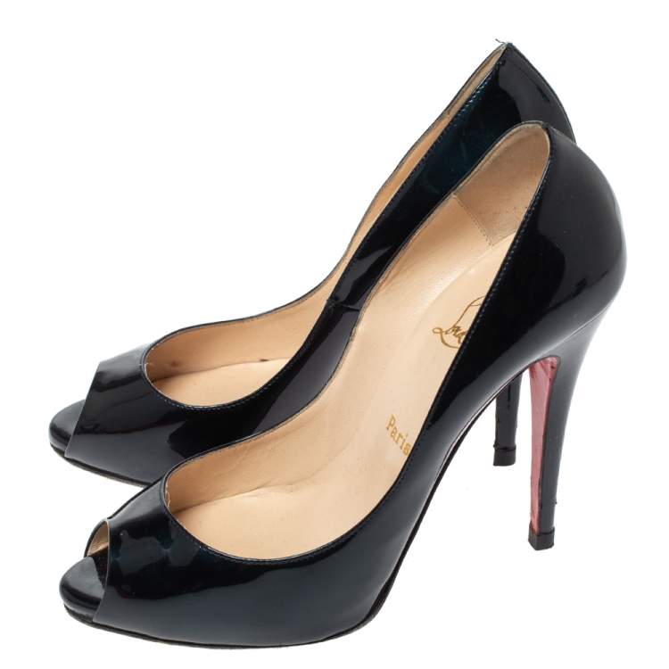 مملوكة مسبقًا Christian Louboutin Dark Green Patent Leather Flo Peep Toe Pumps Size 38.5