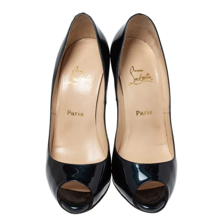 مملوكة مسبقًا Christian Louboutin Dark Green Patent Leather Flo Peep Toe Pumps Size 38.5