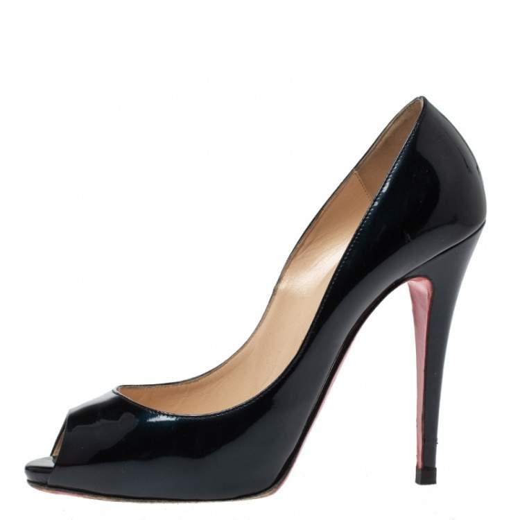 مملوكة مسبقًا Christian Louboutin Dark Green Patent Leather Flo Peep Toe Pumps Size 38.5