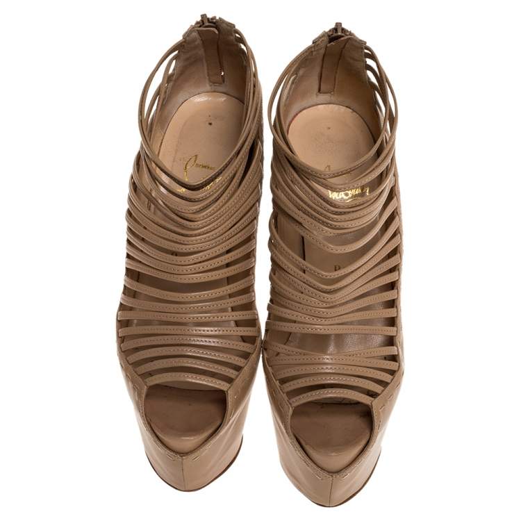 مملوكة مسبقًا Christian Louboutin Beige Leather Zoulou Platform Peep Toe Cage Sandals Size 38.5