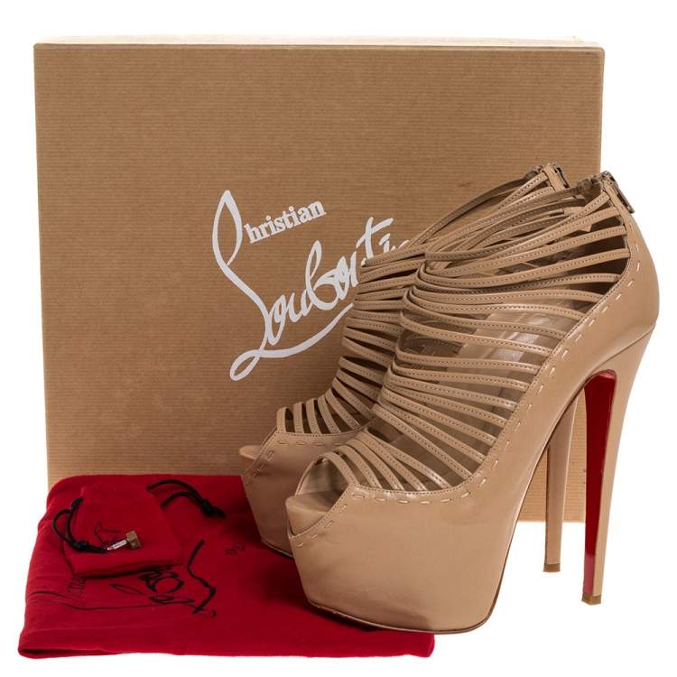 مملوكة مسبقًا Christian Louboutin Beige Leather Zoulou Platform Peep Toe Cage Sandals Size 38.5