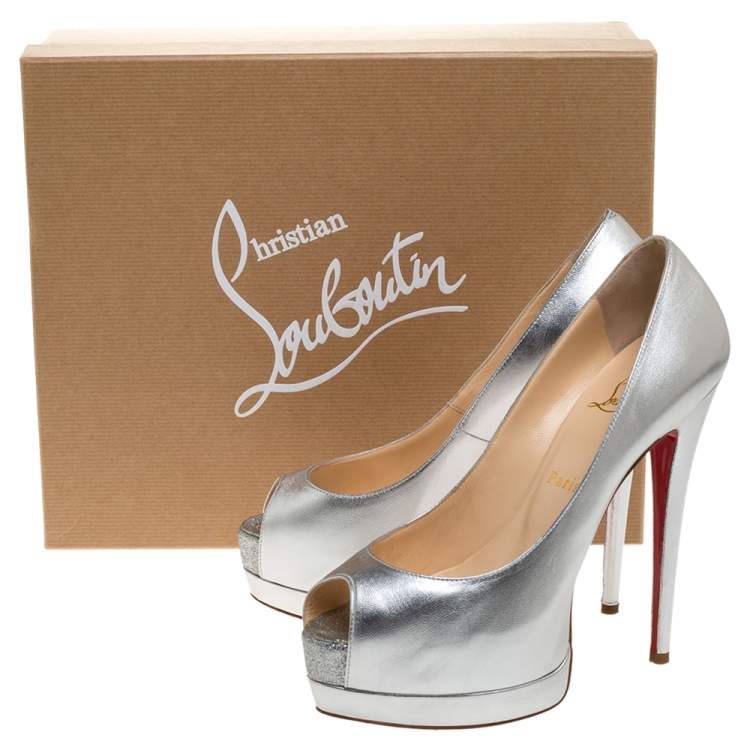 Pre Owned Christian Louboutin Silver Leather Palais Royal Peep Toe Platform Pumps Size 38
