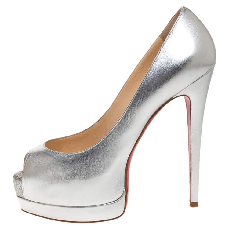 Pre Owned Christian Louboutin Silver Leather Palais Royal Peep Toe Platform Pumps Size 38