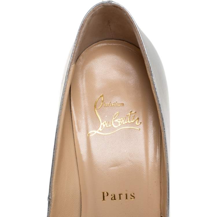 Pre Owned Christian Louboutin Silver Leather Palais Royal Peep Toe Platform Pumps Size 38