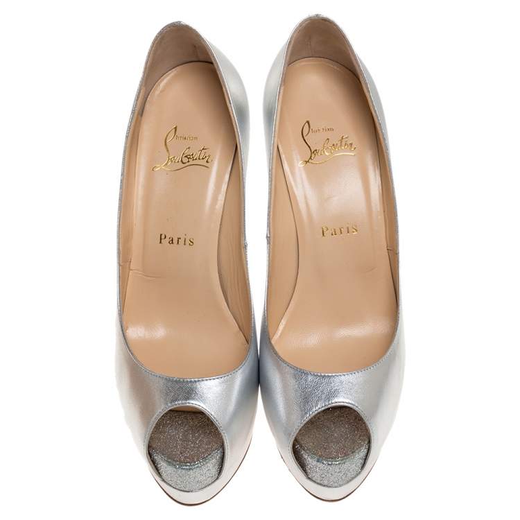 Pre Owned Christian Louboutin Silver Leather Palais Royal Peep Toe Platform Pumps Size 38