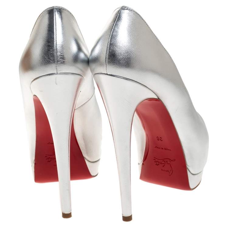 Pre Owned Christian Louboutin Silver Leather Palais Royal Peep Toe Platform Pumps Size 38