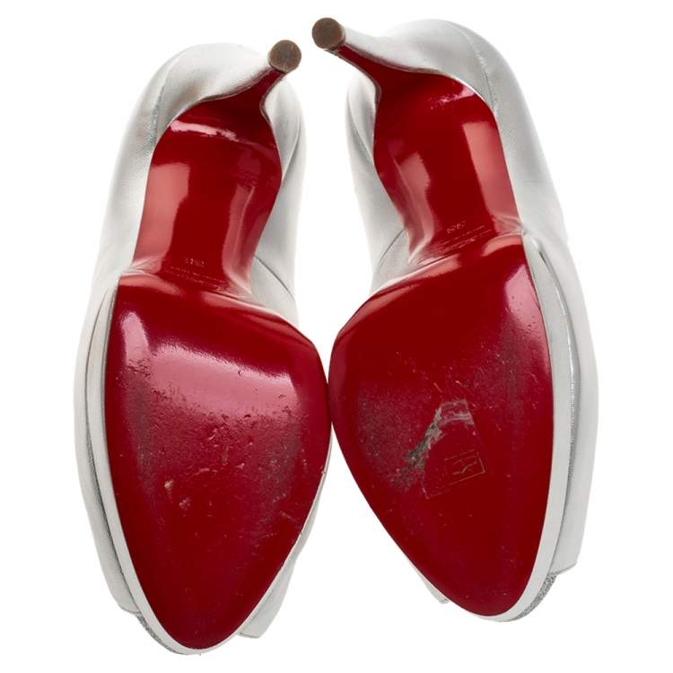 Pre Owned Christian Louboutin Silver Leather Palais Royal Peep Toe Platform Pumps Size 38