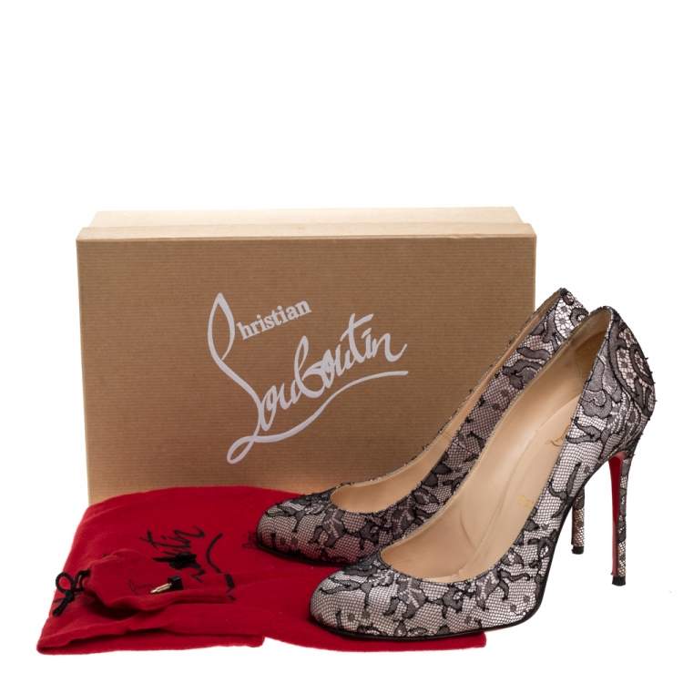 Pre Owned Christian Louboutin Black Lace Satin And Lace Fifi Round Toe Pumps Size 36