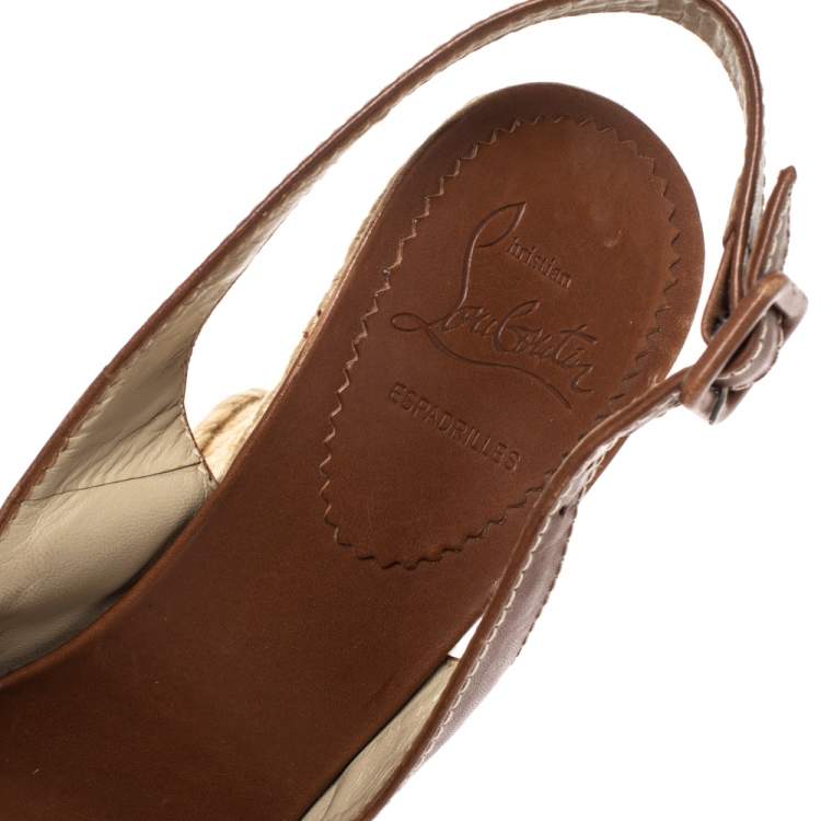 Pre Owned Christian Louboutin Brown Leather You Love Slingback Espadrille Wedge Sandals Size 39