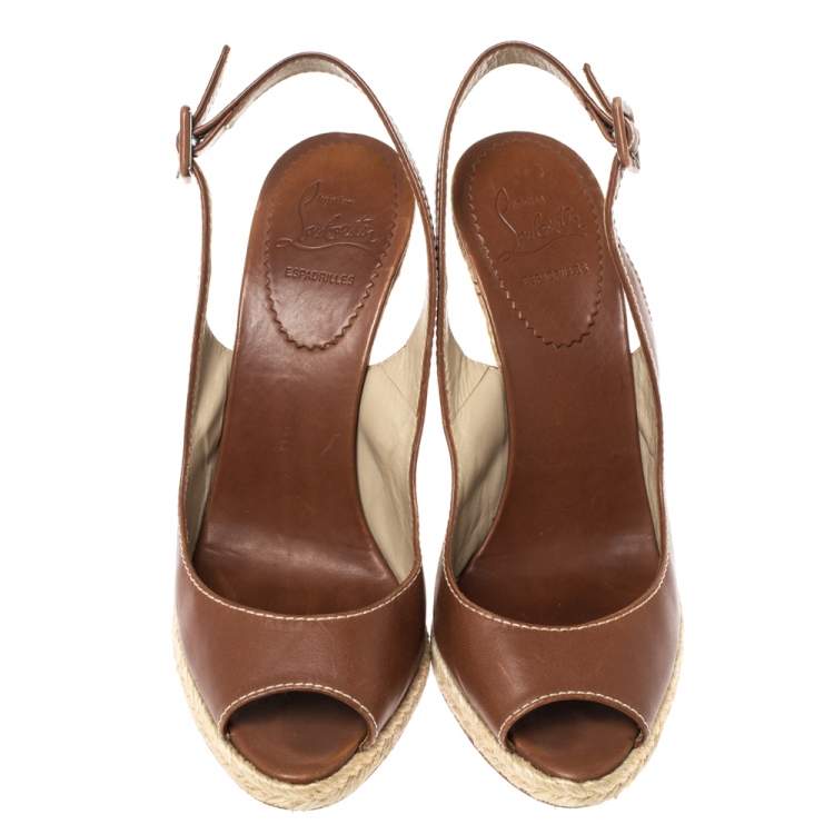 Pre Owned Christian Louboutin Brown Leather You Love Slingback Espadrille Wedge Sandals Size 39