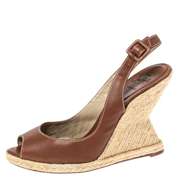 Pre Owned Christian Louboutin Brown Leather You Love Slingback Espadrille Wedge Sandals Size 39