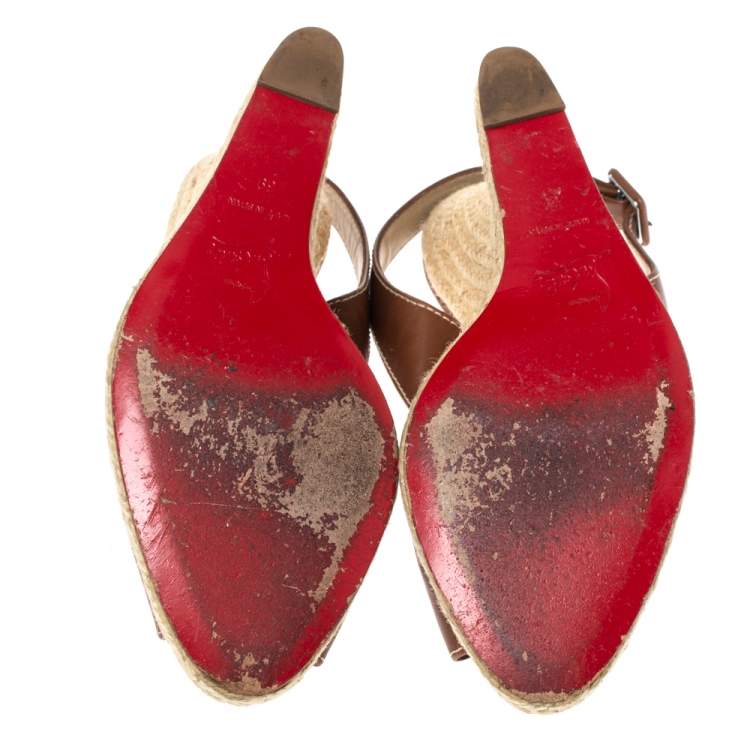Pre Owned Christian Louboutin Brown Leather You Love Slingback Espadrille Wedge Sandals Size 39