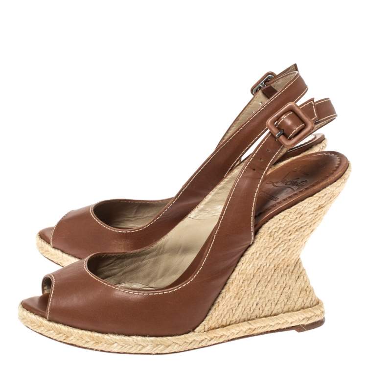Pre Owned Christian Louboutin Brown Leather You Love Slingback Espadrille Wedge Sandals Size 39