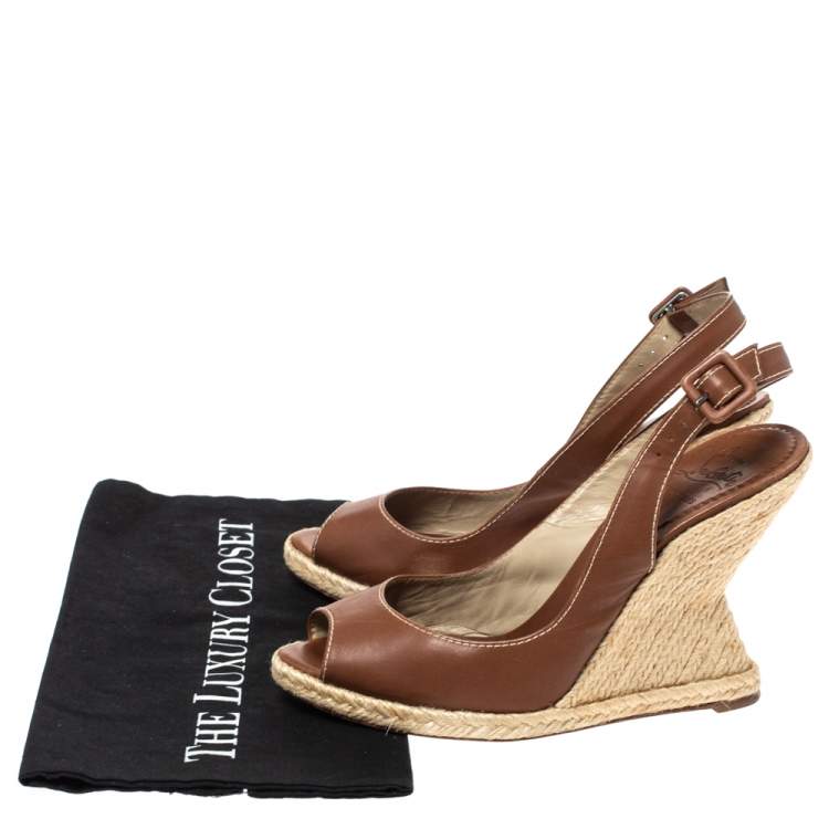 Pre Owned Christian Louboutin Brown Leather You Love Slingback Espadrille Wedge Sandals Size 39